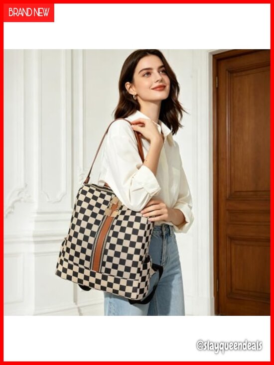 Women\'s Checkered Backpack Purse Canvas PU Travel Daypack Laptop Bag